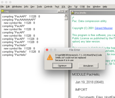 FileError_In_Use.png (127.88 KiB) Viewed 52671 times Trying to compile PacHello twice.<br />After clicking Cancel ("Annuleren") the compilation proceeds normally.
